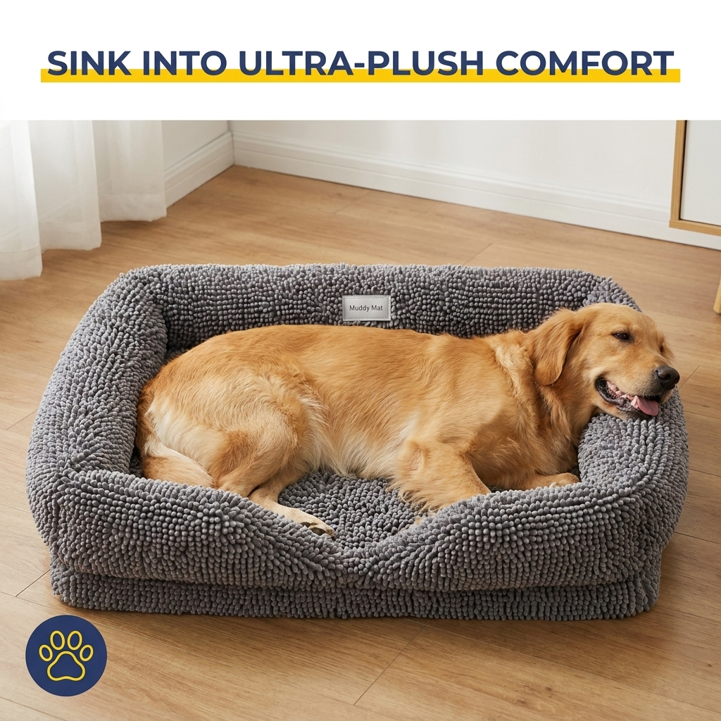 Muddy Mat® Rectangle Dog Bed — Real Memory Foam Support, Cozy Chenille Cover, Machine Washable | Fits Small to Large Dogs