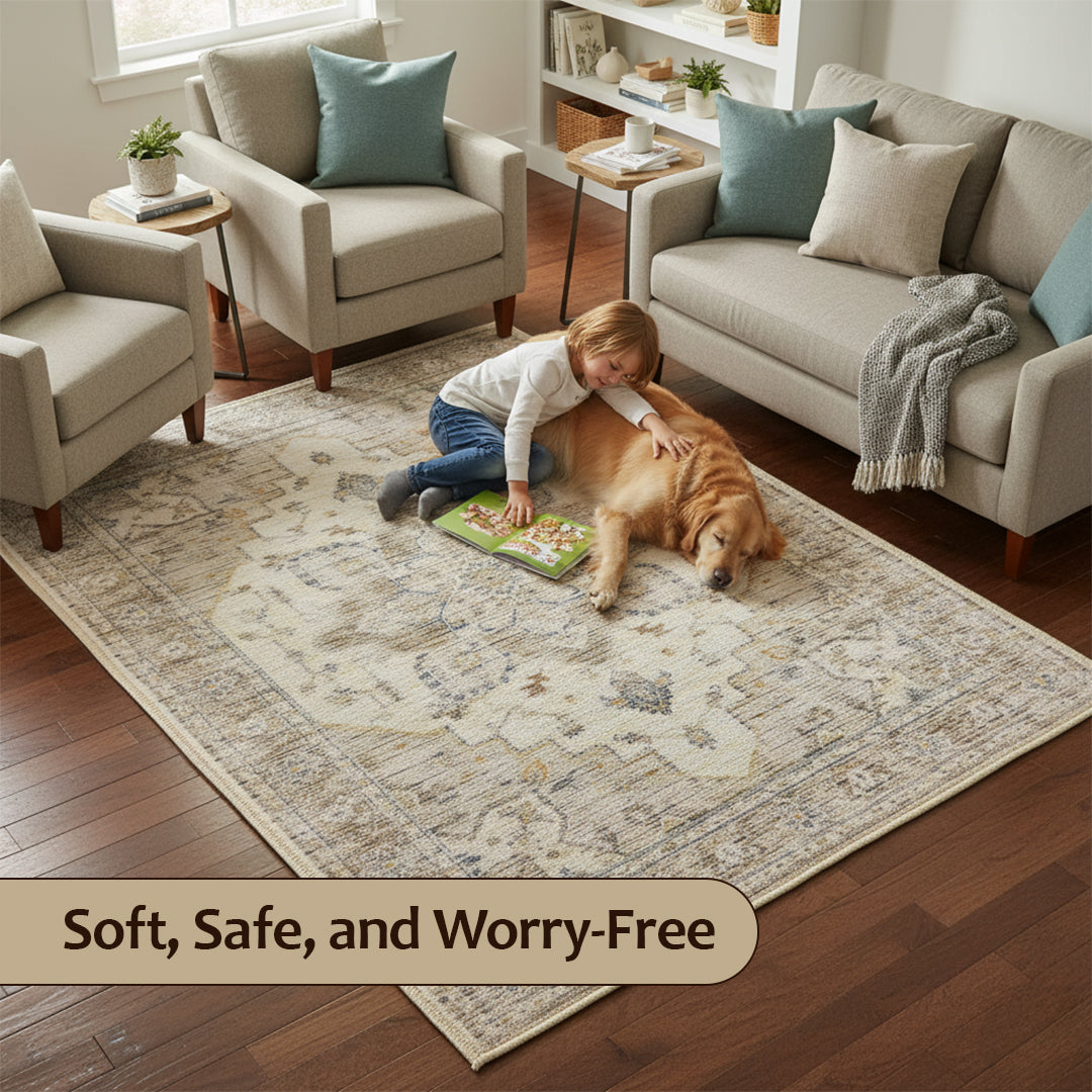 Muddy Carpet Tuscany Washable Area Rugs for Living Room, Bedroom & Dining Room – Modern Soft Low Pile Non Slip Carpet – Pet Friendly Waterproof Foldable Rugs for Home
