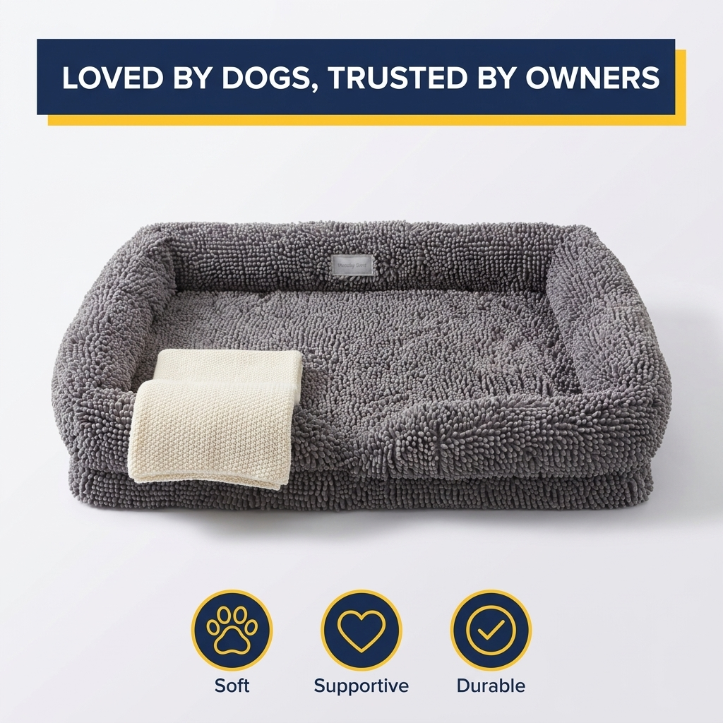 Muddy Mat® Rectangle Dog Bed — Real Memory Foam Support, Cozy Chenille Cover, Machine Washable | Fits Small to Large Dogs