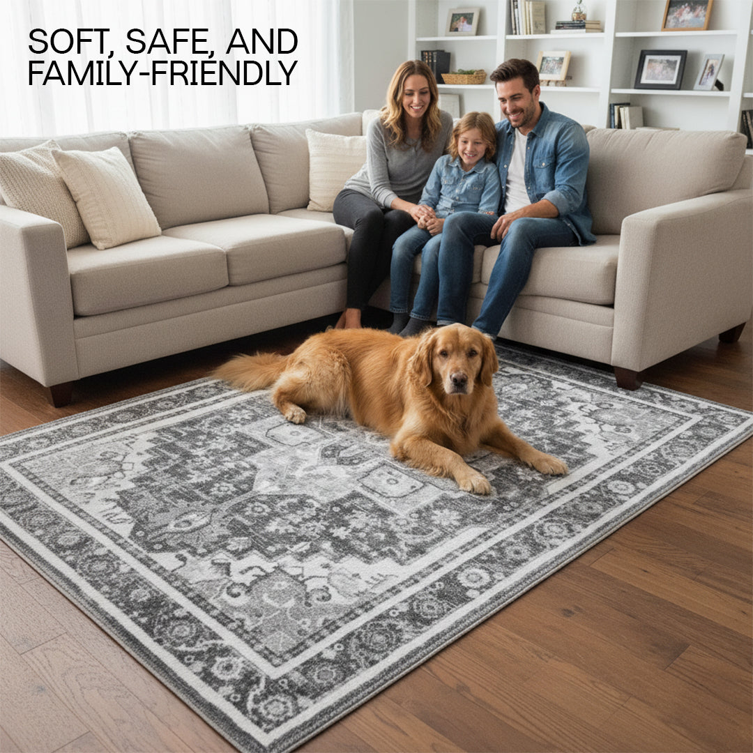 Muddy Carpet Onyx Washable Area Rugs for Living Room, Bedroom & Dining Room – Modern Soft Low Pile Non Slip Carpet – Pet Friendly Waterproof Foldable Rugs for Home