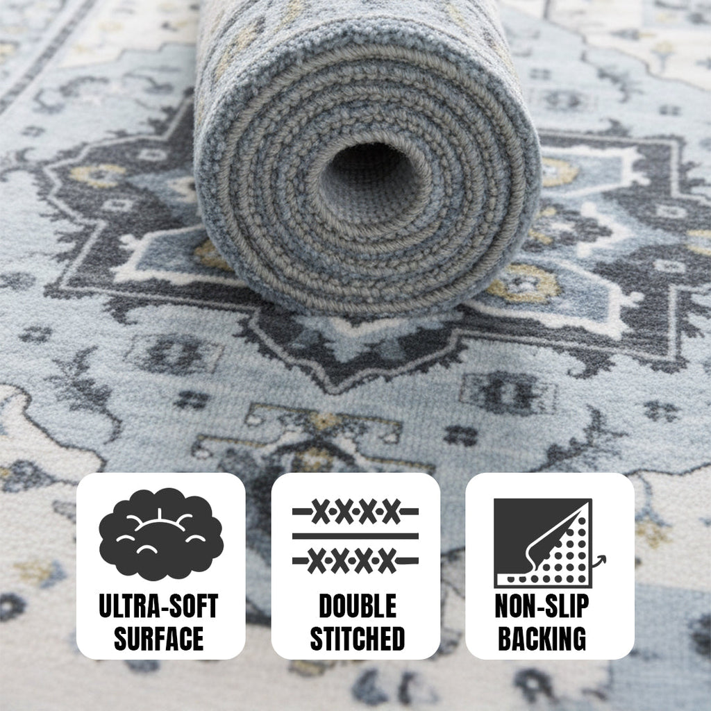 Muddy Carpet Azure Washable Area Rugs for Living Room, Bedroom & Dining Room – Modern Soft Low Pile Non Slip Carpet – Pet Friendly Waterproof Foldable Rugs for Home
