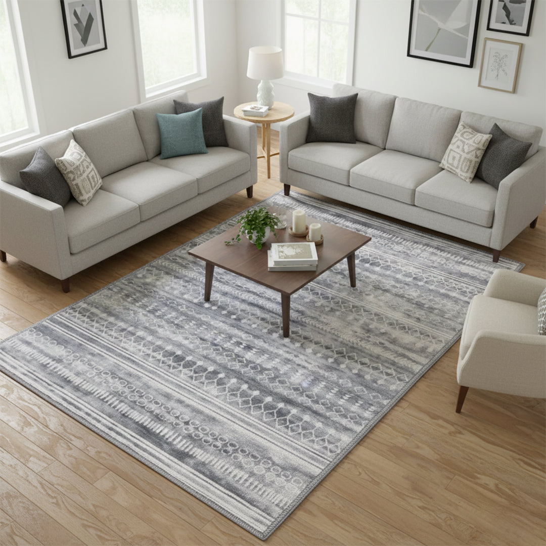 Muddy Carpet Greyline Washable Area Rugs for Living Room, Bedroom & Dining Room – Modern Soft Low Pile Non Slip Carpet – Pet Friendly Waterproof Foldable Rugs for Home