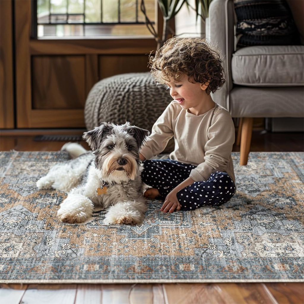 Muddy Carpet Coral Washable Area Rugs for Living Room, Bedroom & Dining Room – Modern Soft Low Pile Non Slip Carpet – Pet Friendly Waterproof Foldable Rugs for Home