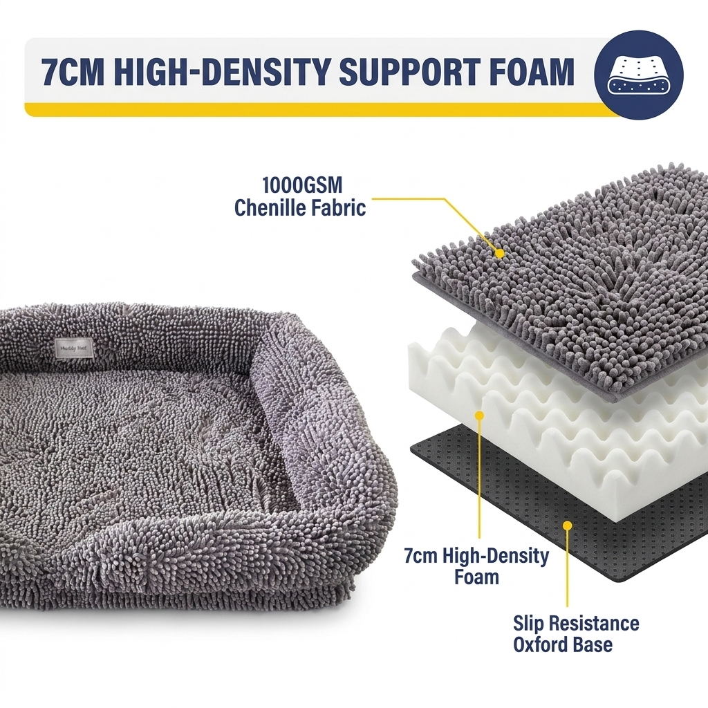 Muddy Mat® Rectangle Dog Bed — Real Memory Foam Support, Cozy Chenille Cover, Machine Washable | Fits Small to Large Dogs