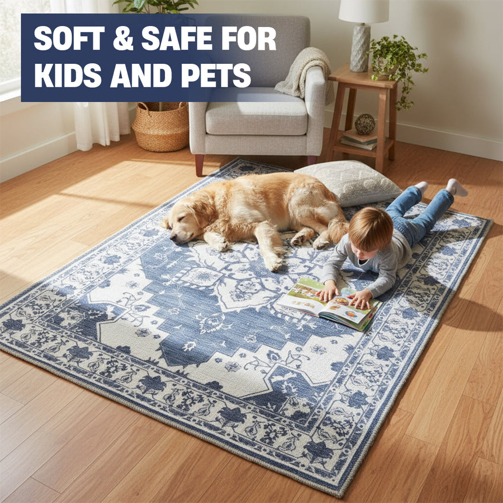Muddy Carpet Navybell Washable Area Rugs for Living Room, Bedroom & Dining Room – Modern Soft Low Pile Non Slip Carpet – Pet Friendly Waterproof Foldable Rugs for Home