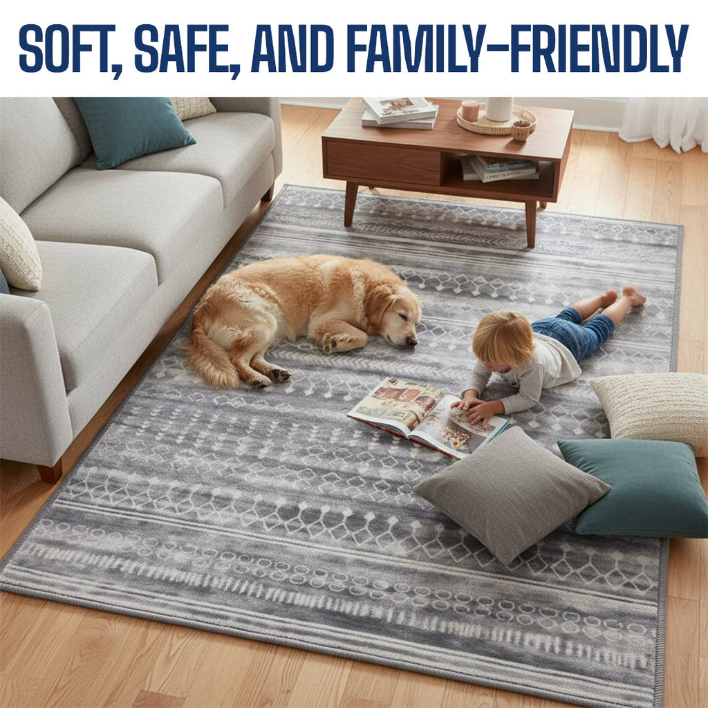 Muddy Carpet Greyline Washable Area Rugs for Living Room, Bedroom & Dining Room – Modern Soft Low Pile Non Slip Carpet – Pet Friendly Waterproof Foldable Rugs for Home