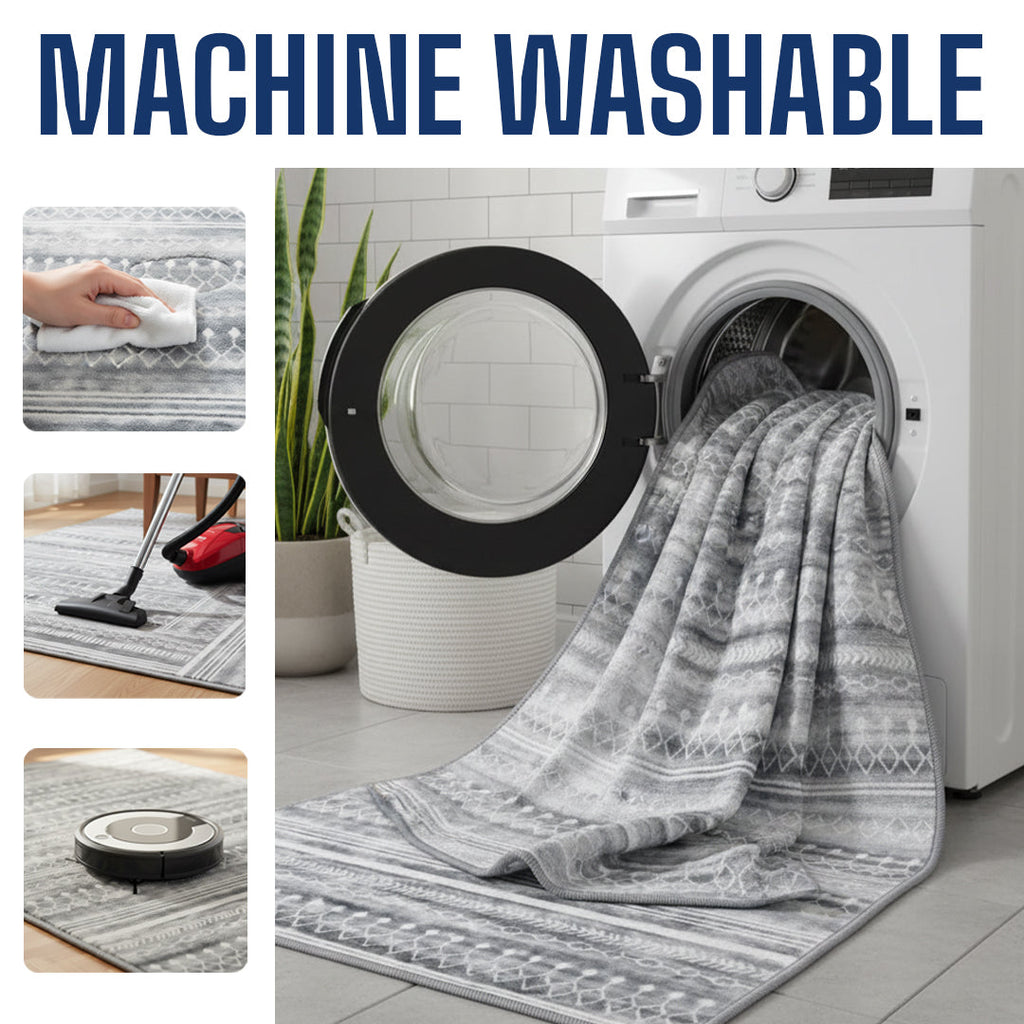 Muddy Carpet Greyline Washable Area Rugs for Living Room, Bedroom & Dining Room – Modern Soft Low Pile Non Slip Carpet – Pet Friendly Waterproof Foldable Rugs for Home