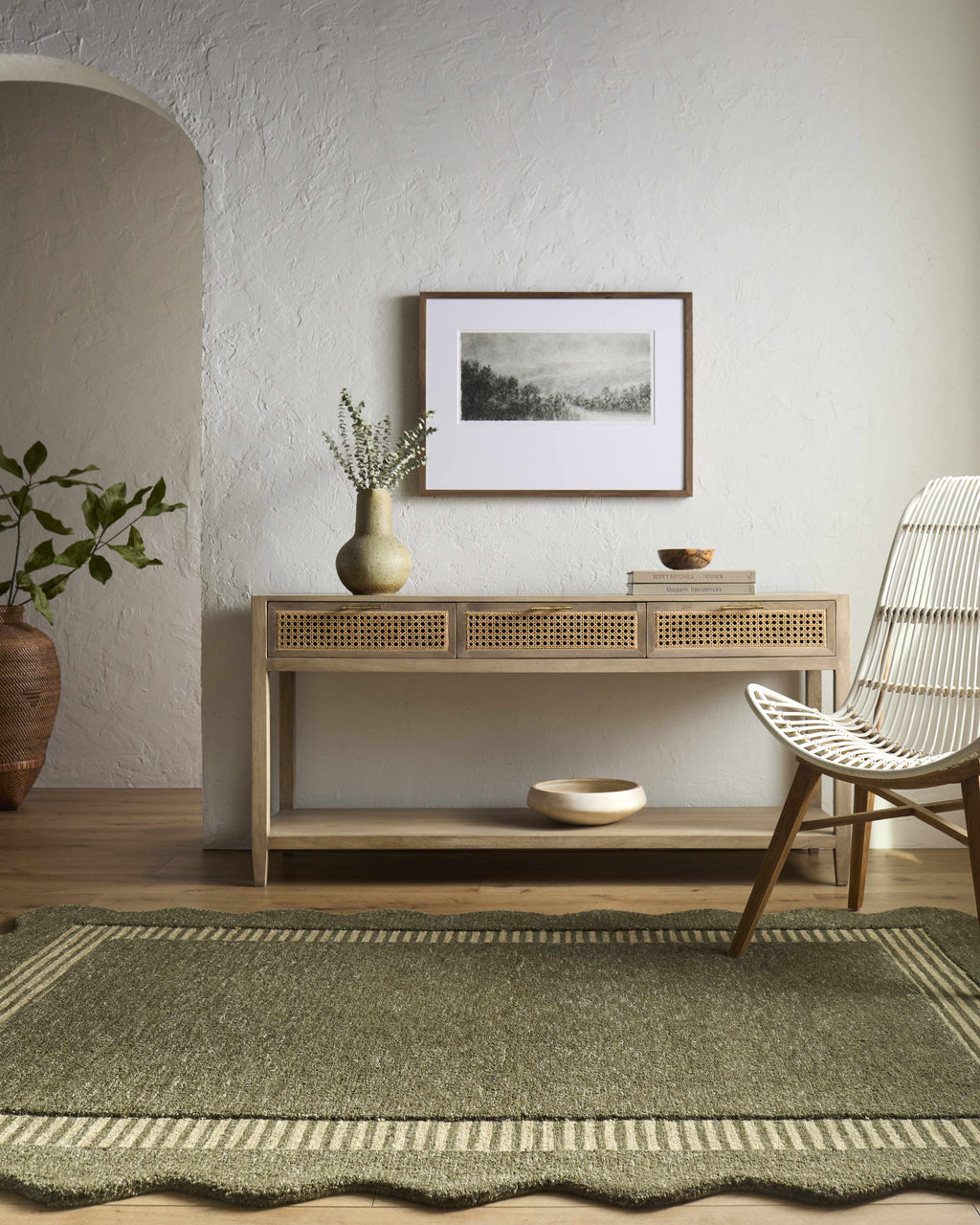Wone Green Border Hand Tufted Wool Area Rug