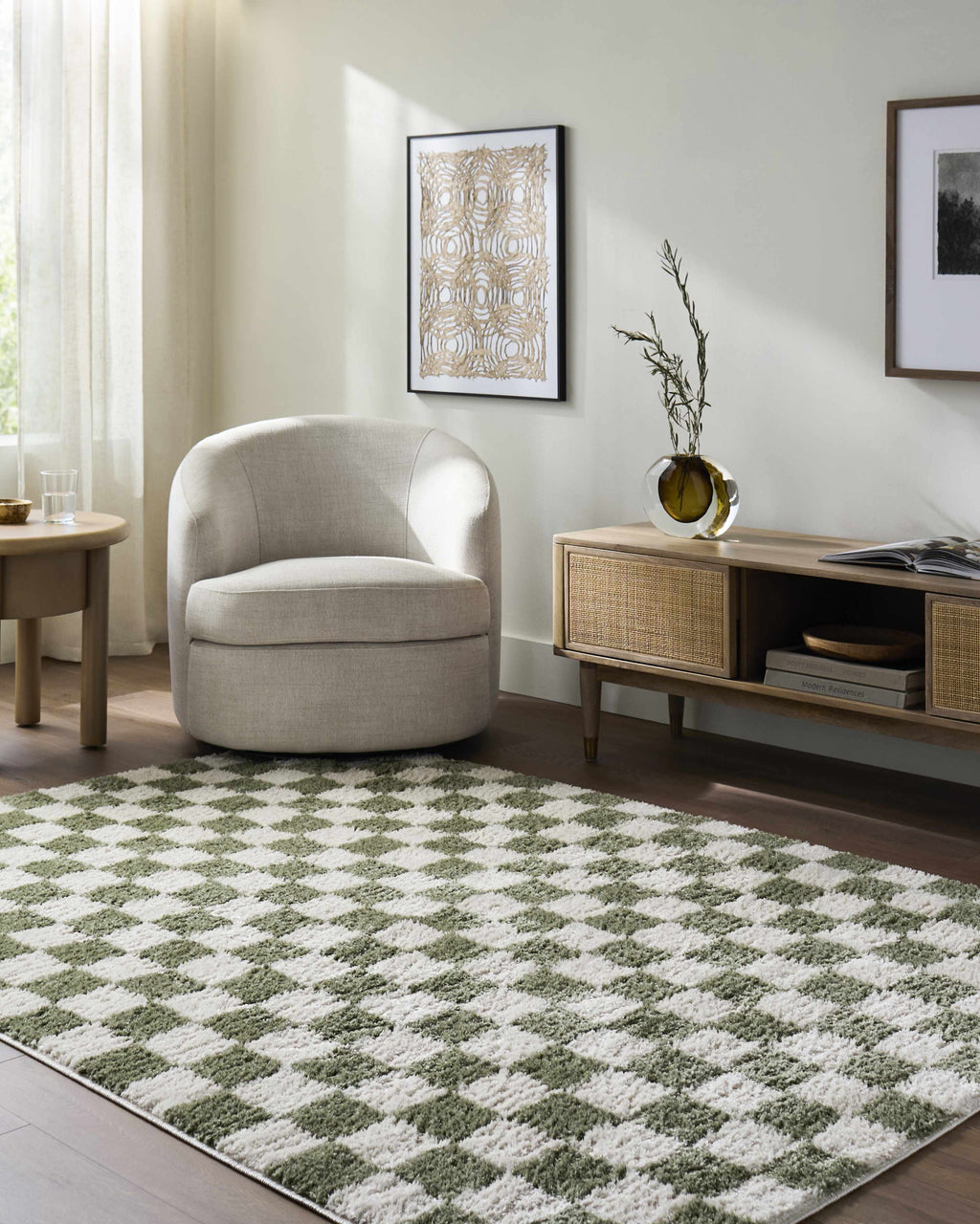 Canika Green Checkered Washable Plush Rug