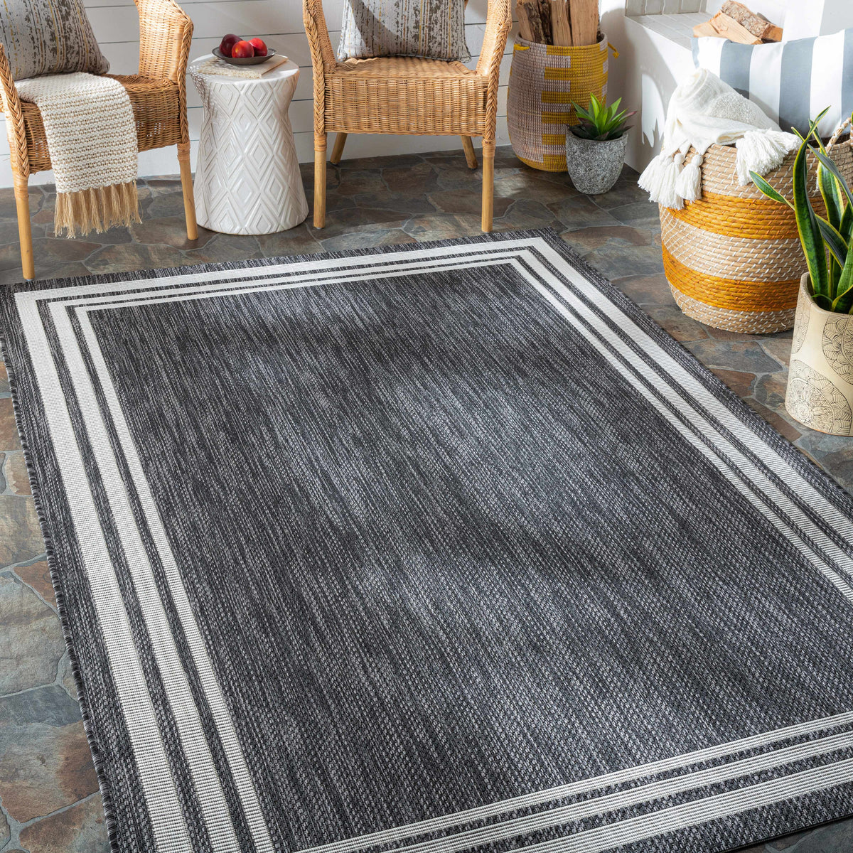 Coonamble Bordered Anthracite Outdoor Rug