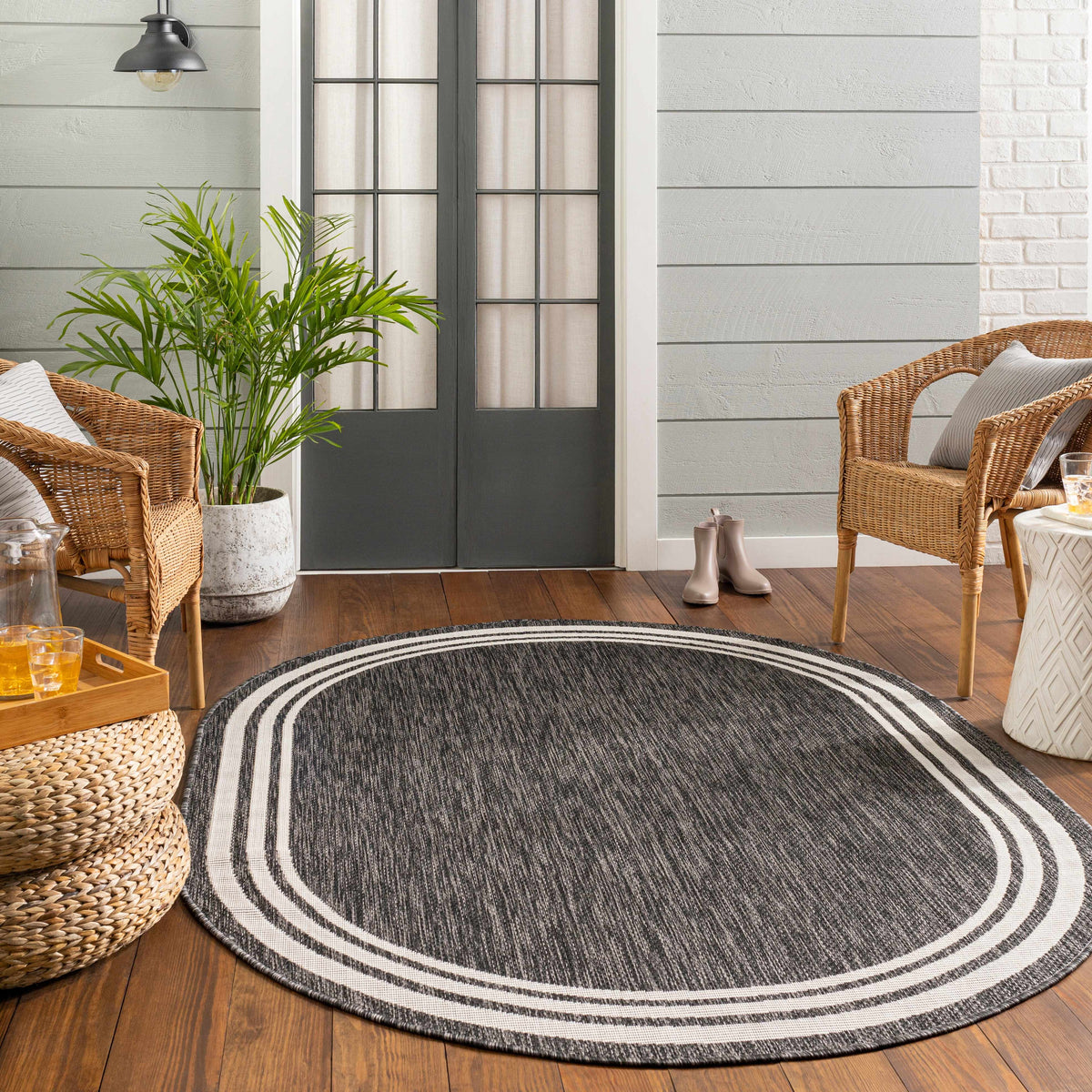 Coonamble Bordered Anthracite Outdoor Rug