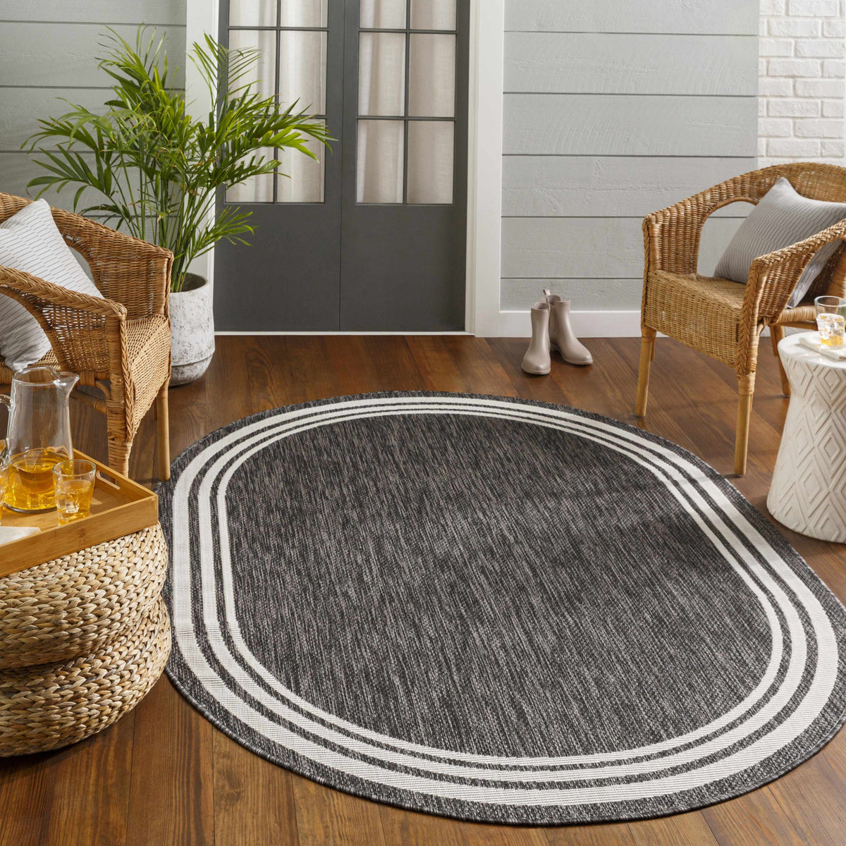 Coonamble Bordered Anthracite Outdoor Rug