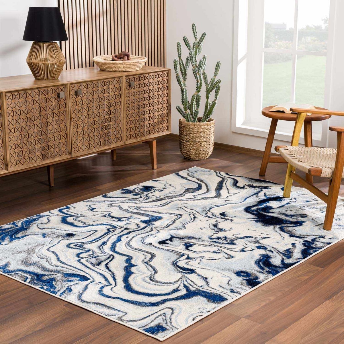 Glendon Cream Blue Marble Rug - Clearance
