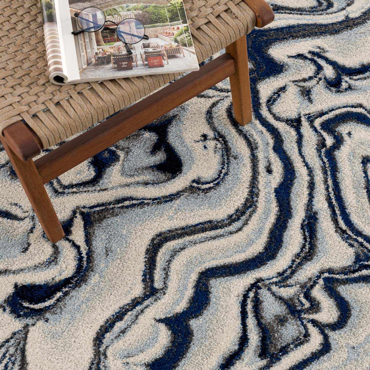 Glendon Cream Blue Marble Rug - Clearance