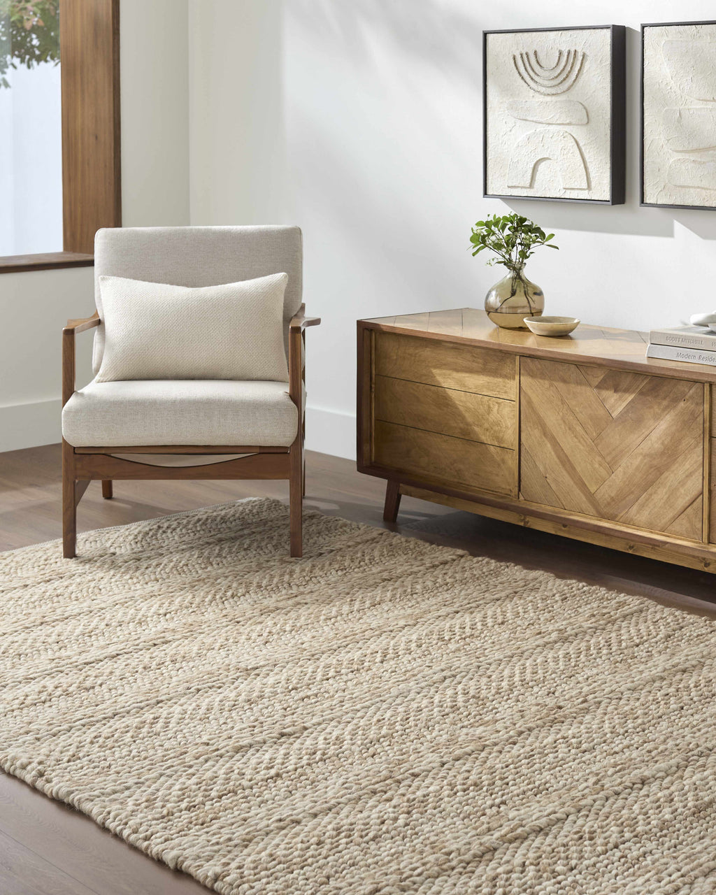Ctadqe Beige Stripe Hand Woven Wool Area Rug