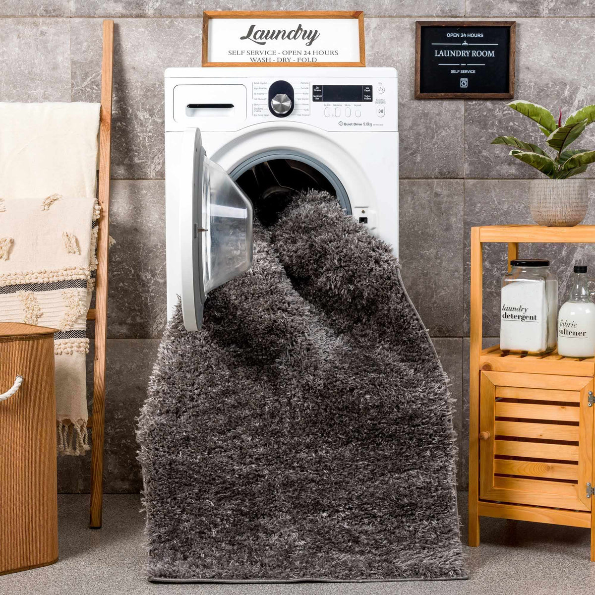Faina Solid Dark Gray Shag Washable Area Rug - Clearance