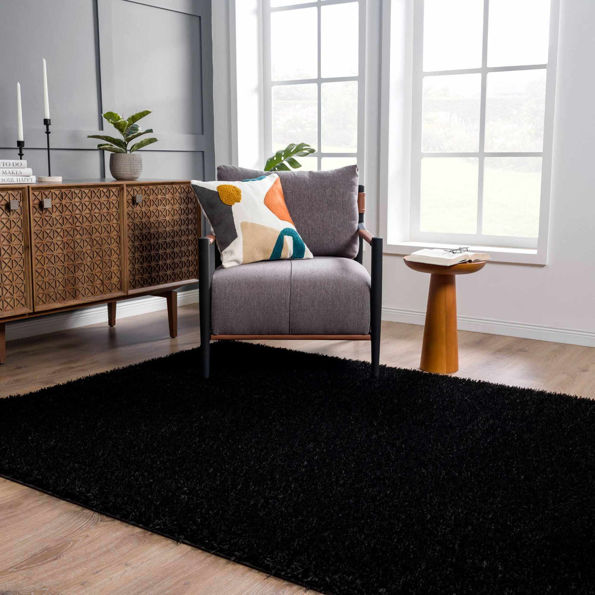 Faina Solid Black Shag Washable Area Rug - Clearance