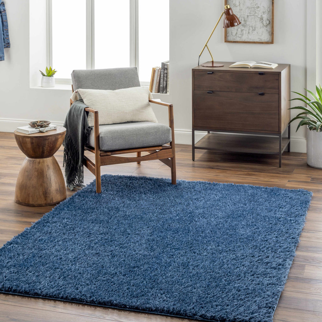 Faina Solid Dark Blue Shag Washable Area Rug