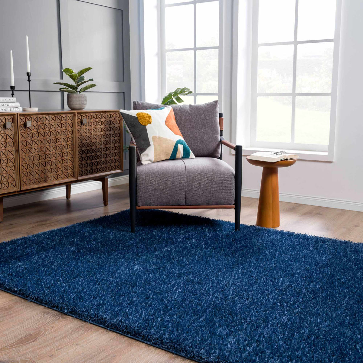 Faina Solid Dark Blue Shag Washable Area Rug