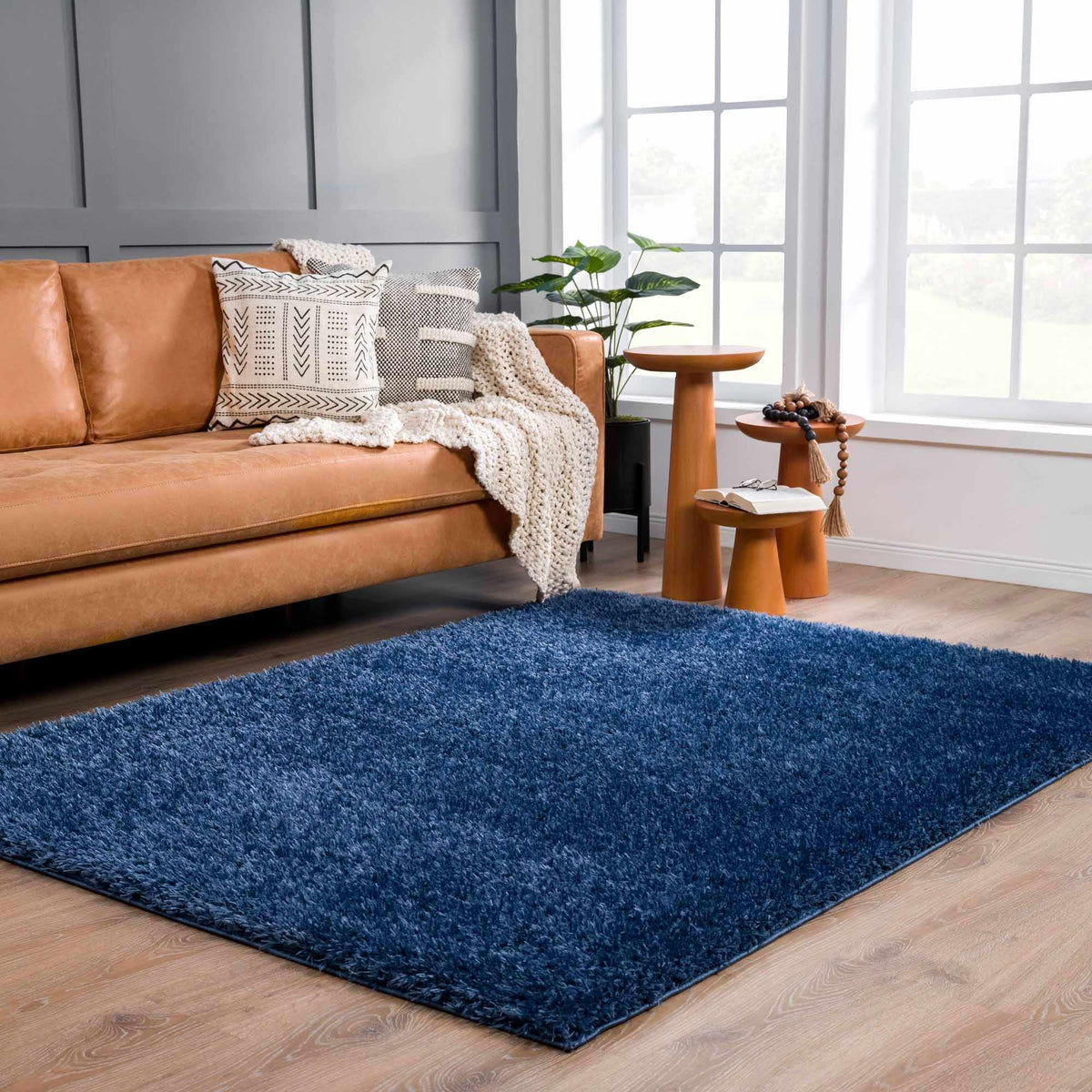 Faina Solid Dark Blue Shag Washable Area Rug