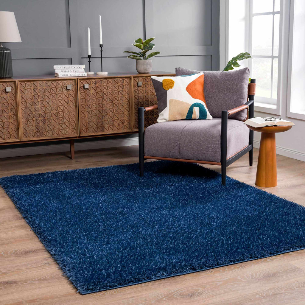 Faina Solid Dark Blue Shag Washable Area Rug