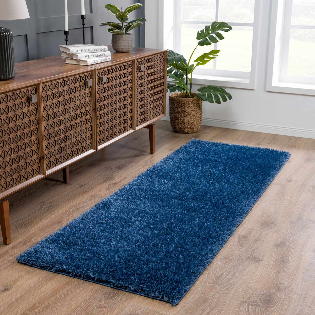 Faina Solid Dark Blue Shag Washable Area Rug
