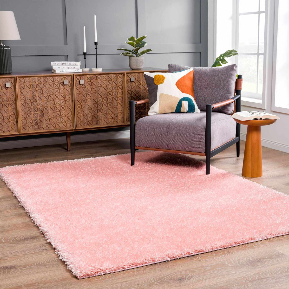 Faina Solid Pink Shag Washable Area Rug - Clearance