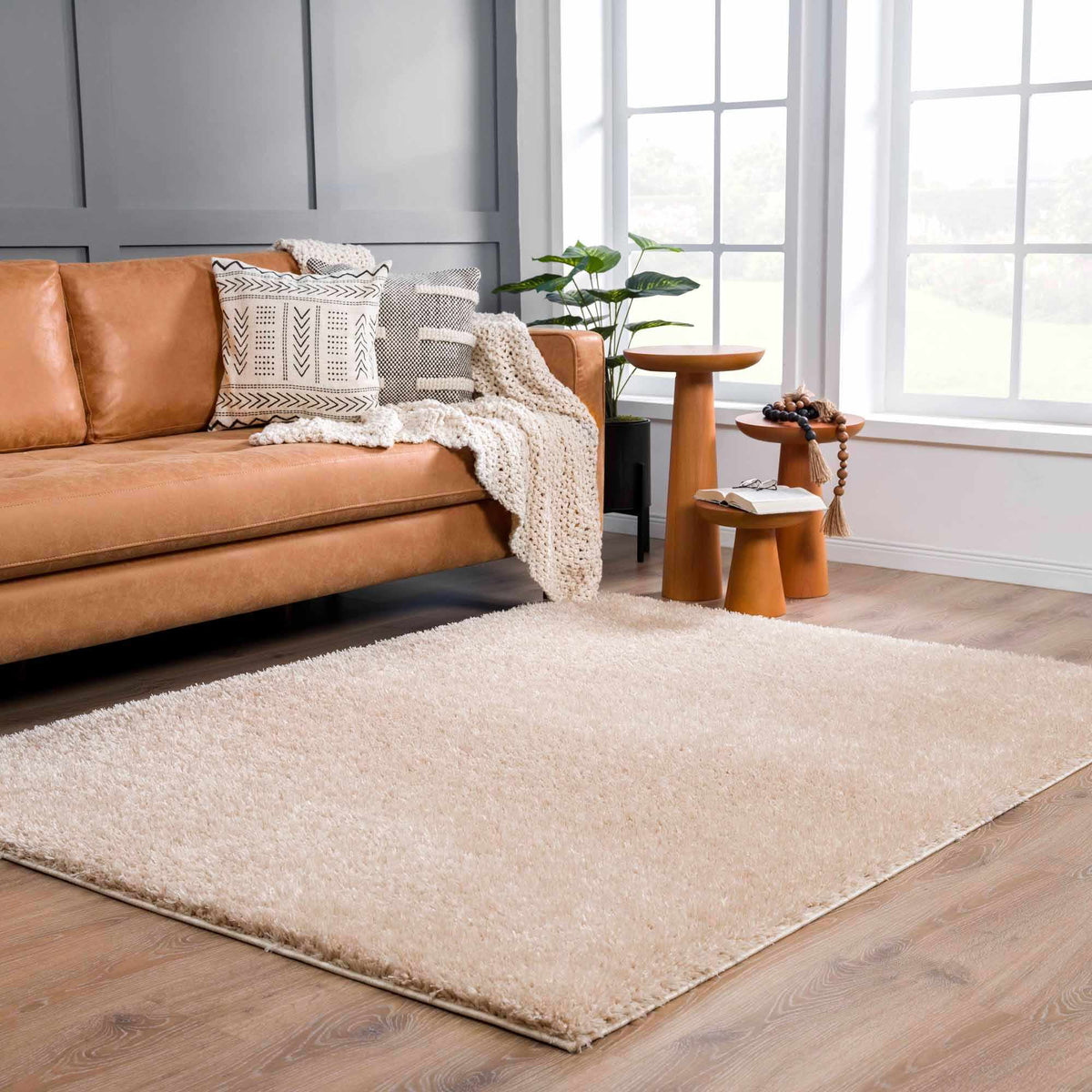 Faina Solid Beige Shag Washable Area Rug - Clearance