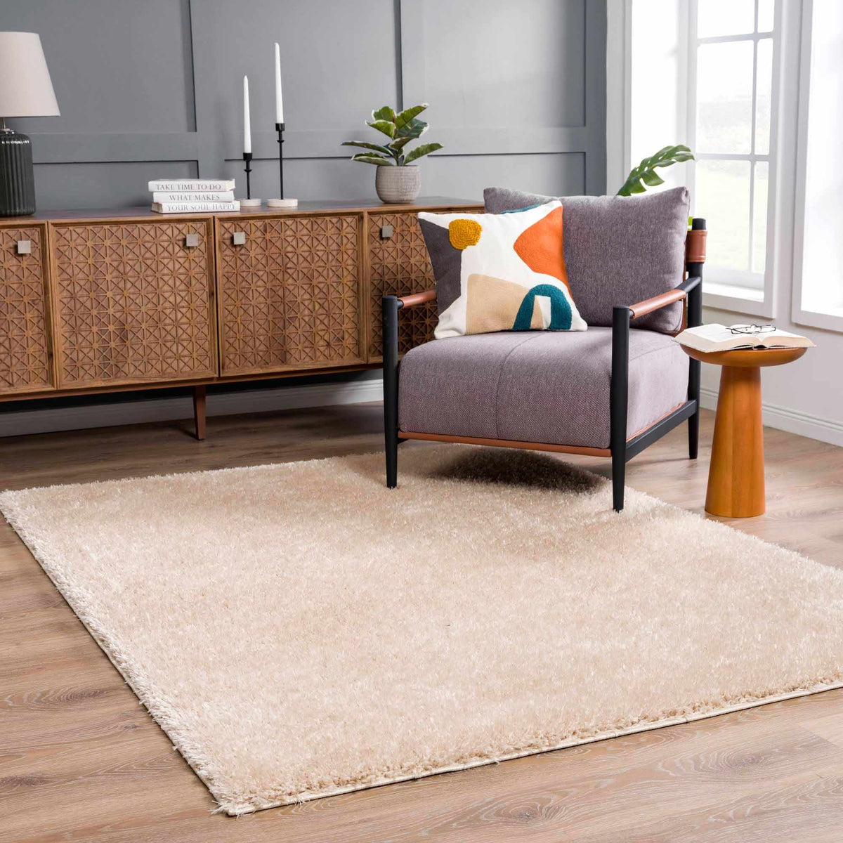 Faina Solid Beige Shag Washable Area Rug - Clearance