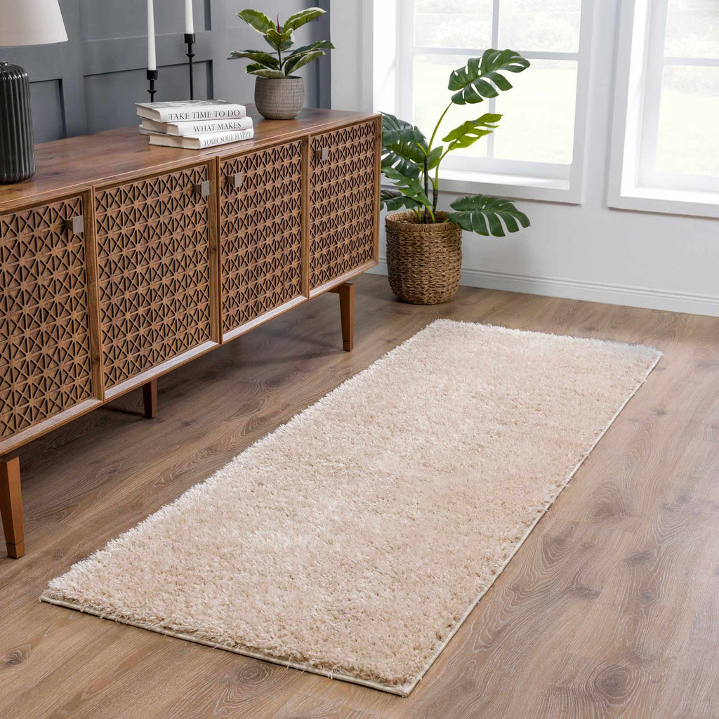 Faina Solid Beige Shag Washable Area Rug - Clearance