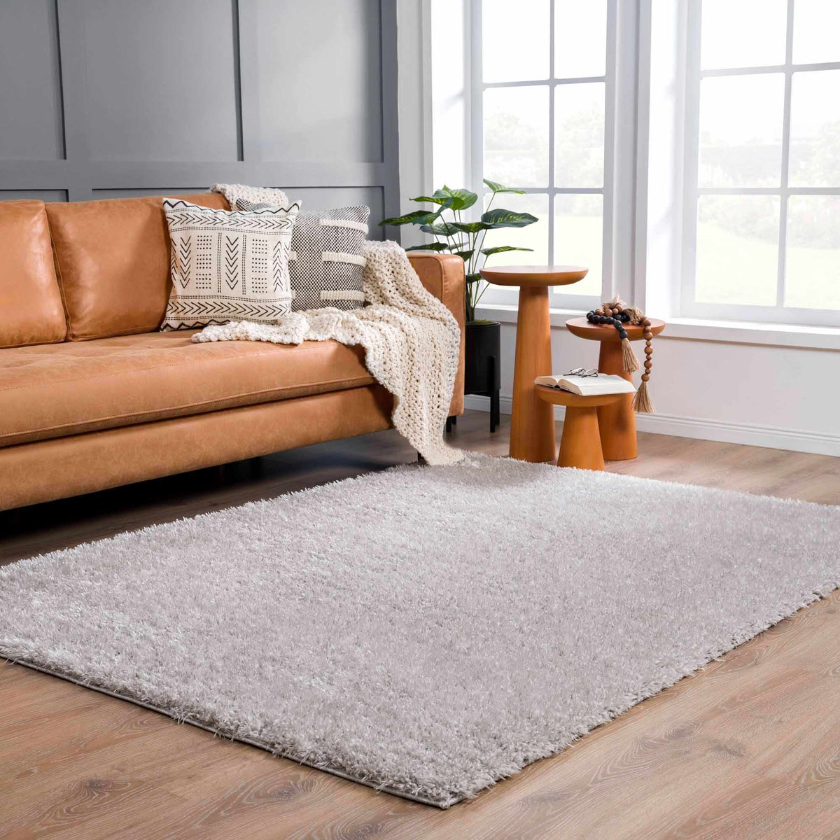 Faina Solid Light Gray Shag Washable Area Rug