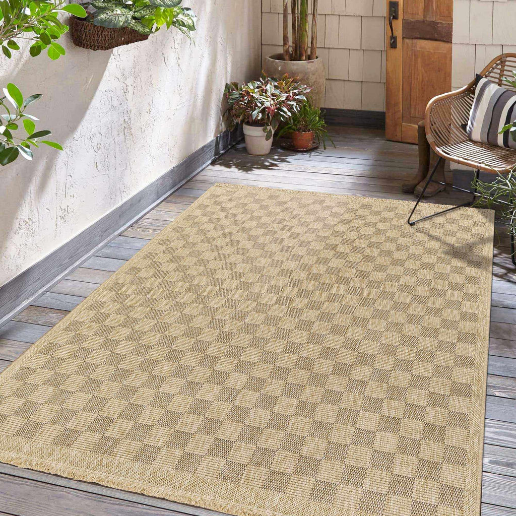 Jurek Beige Checkered Outdoor Area Rug