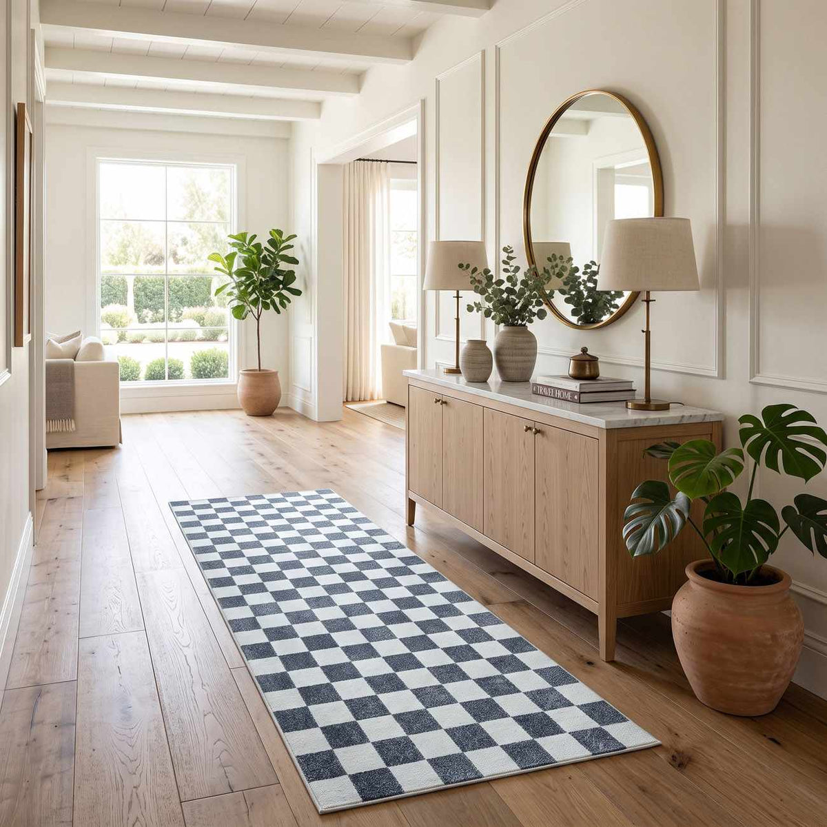 Imaran Antrasit Cream Checkered Washable Area Rug