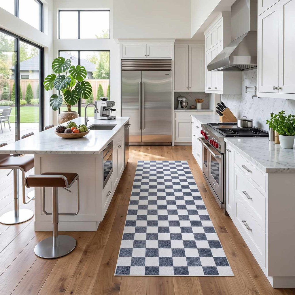Imaran Antrasit Cream Checkered Washable Area Rug