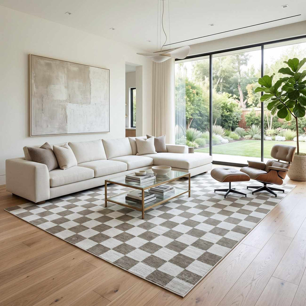 Imaran Cream Gold Checkered Washable Area Rug