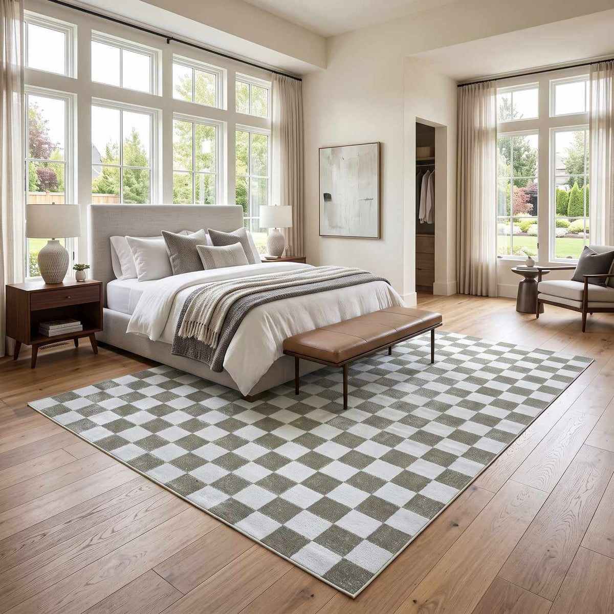 Imaran Cream Gold Checkered Washable Area Rug