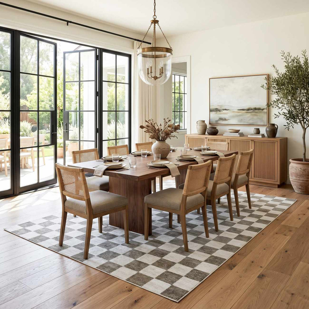 Imaran Cream Gold Checkered Washable Area Rug