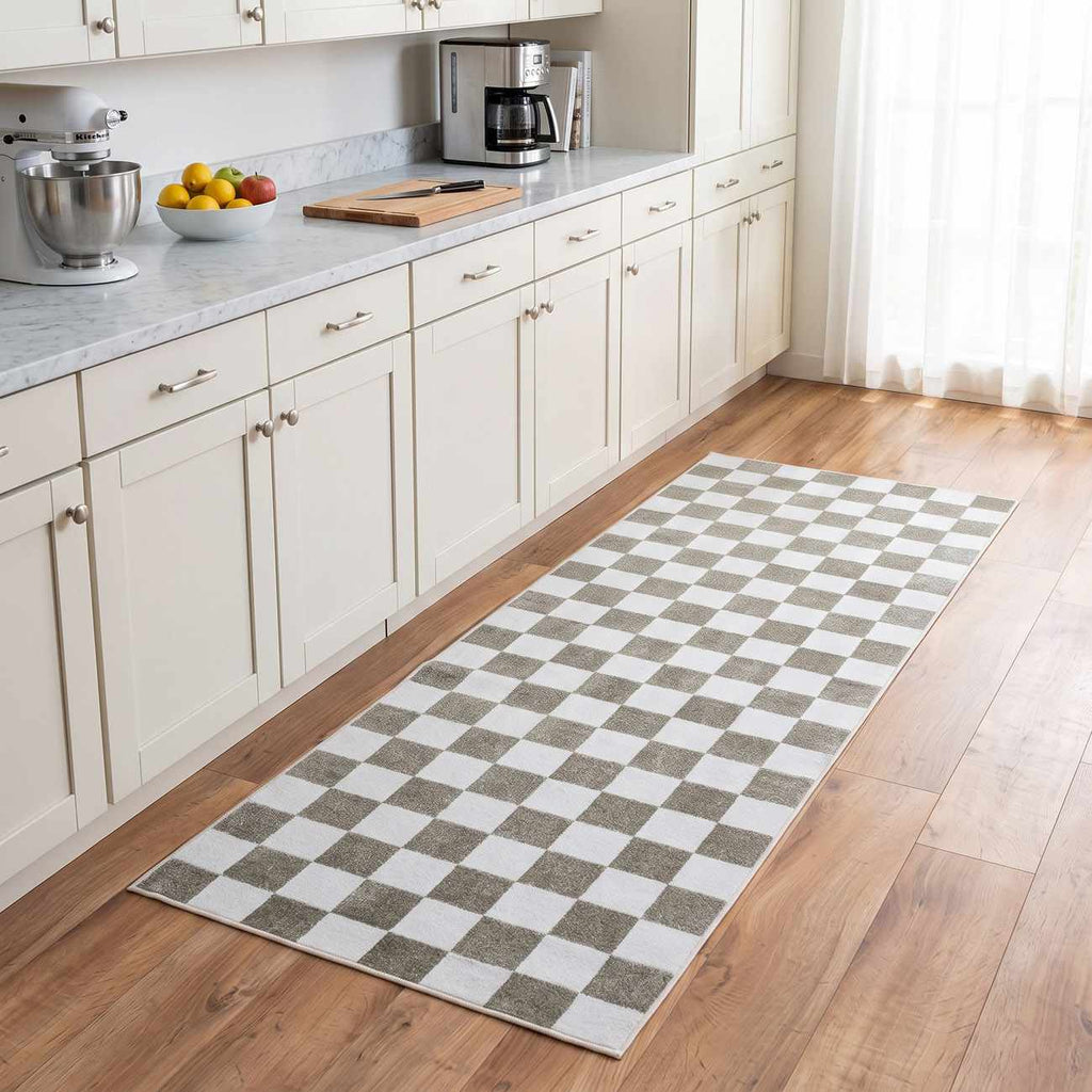 Imaran Cream Gold Checkered Washable Area Rug