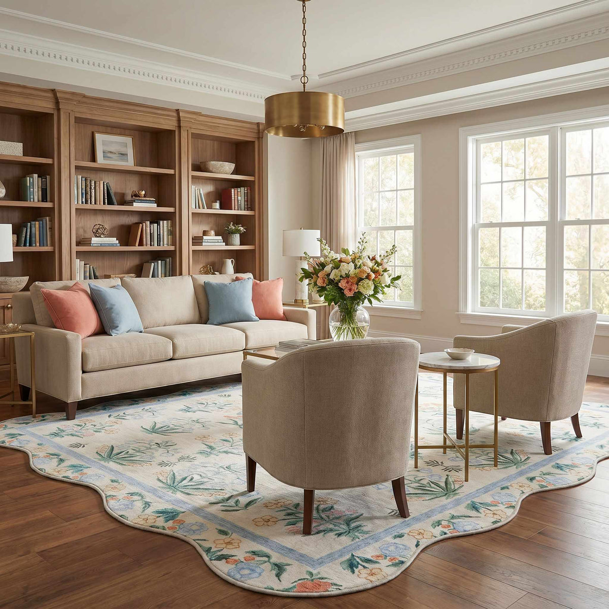 Hevua Blue Floralnature Machine Woven Polyester Washable Area Rug