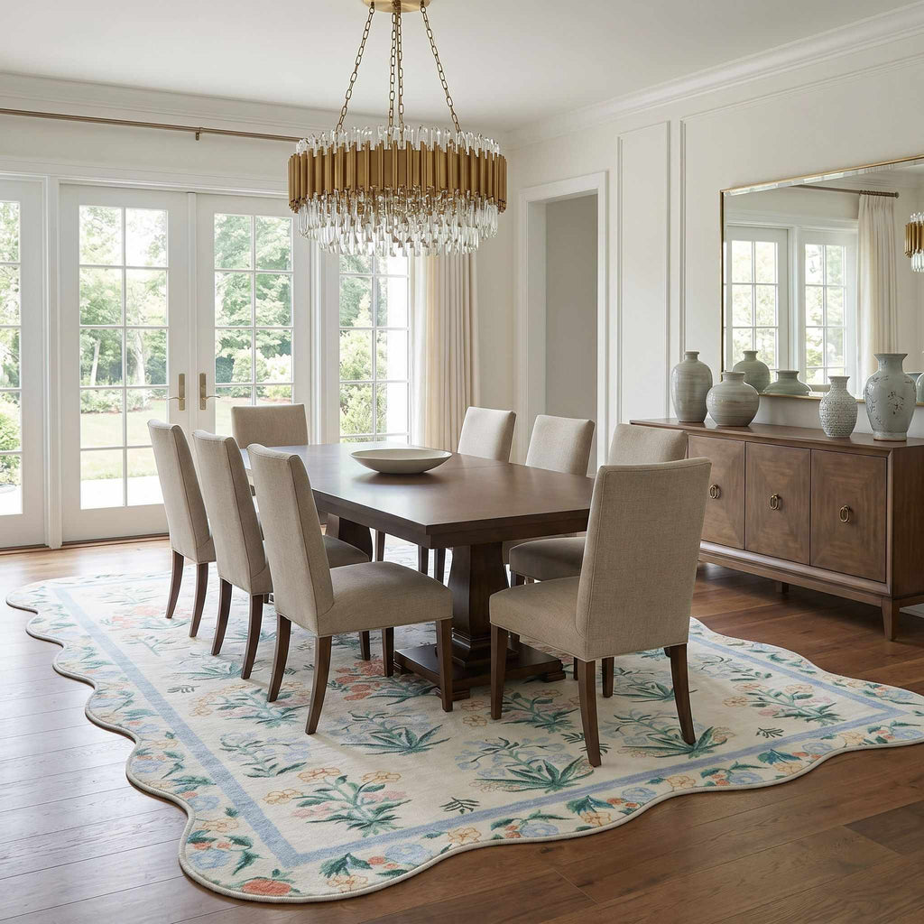 Hevua Blue Floralnature Machine Woven Polyester Washable Area Rug