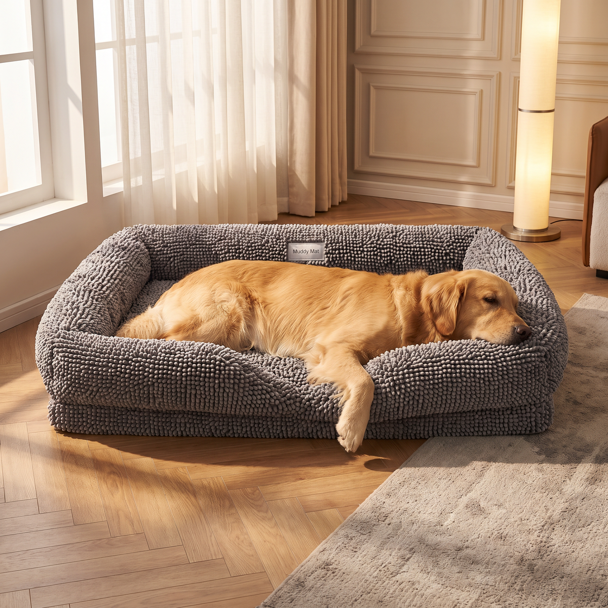 Muddy Mat® Rectangle Dog Bed — Real Memory Foam Support, Cozy Chenille Cover, Machine Washable | Fits Small to Large Dogs