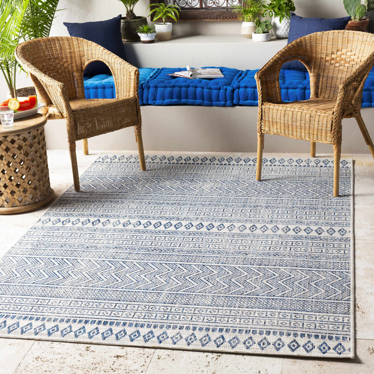 Madras Light Blue Green All Over Performance Outdoor Area Rug
