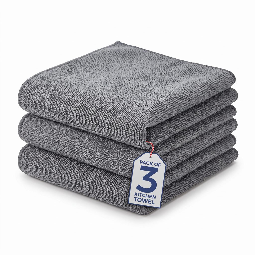 Muddy Mat® Kitchen Towels 3 Pack - Super Absorbent Microfiber Dish Cloths, Quick Dry Soft Cleaning Towels for Dishes, Counters and Spills, Machine Washable, Grey 11.8" x 11.8"