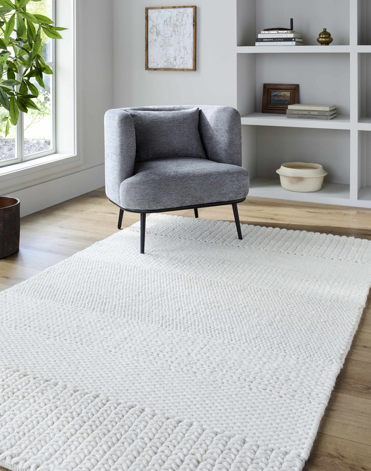 Ivaryn Ivory Subtle Linear Textured Wool Handmade Area Rug