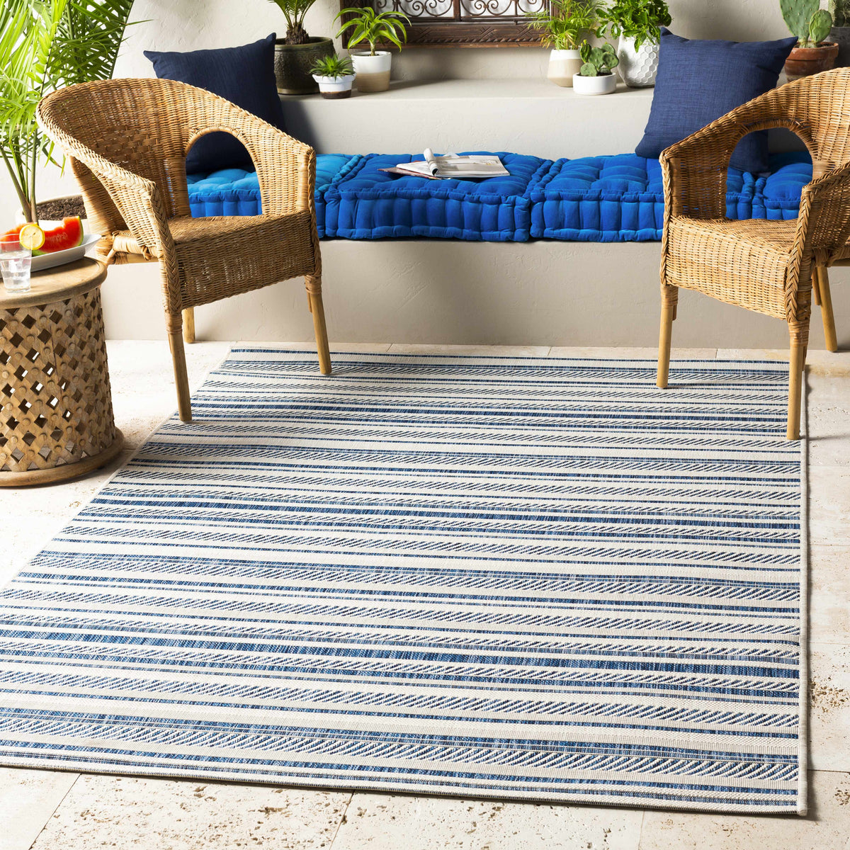Olin White&Blue Striped Nordic Outdoor Rug