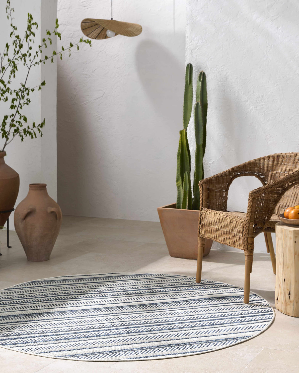 Olin White&Blue Striped Nordic Outdoor Rug