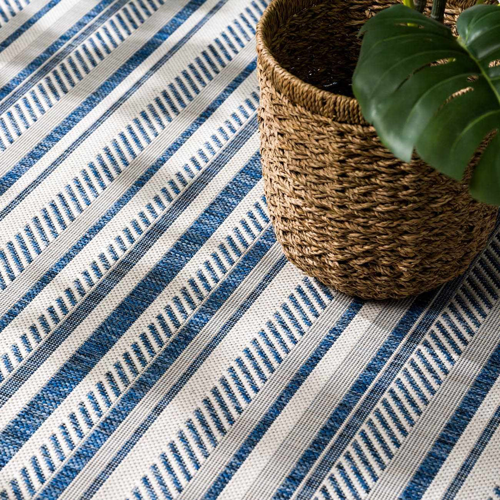 Olin White&Blue Striped Nordic Outdoor Rug