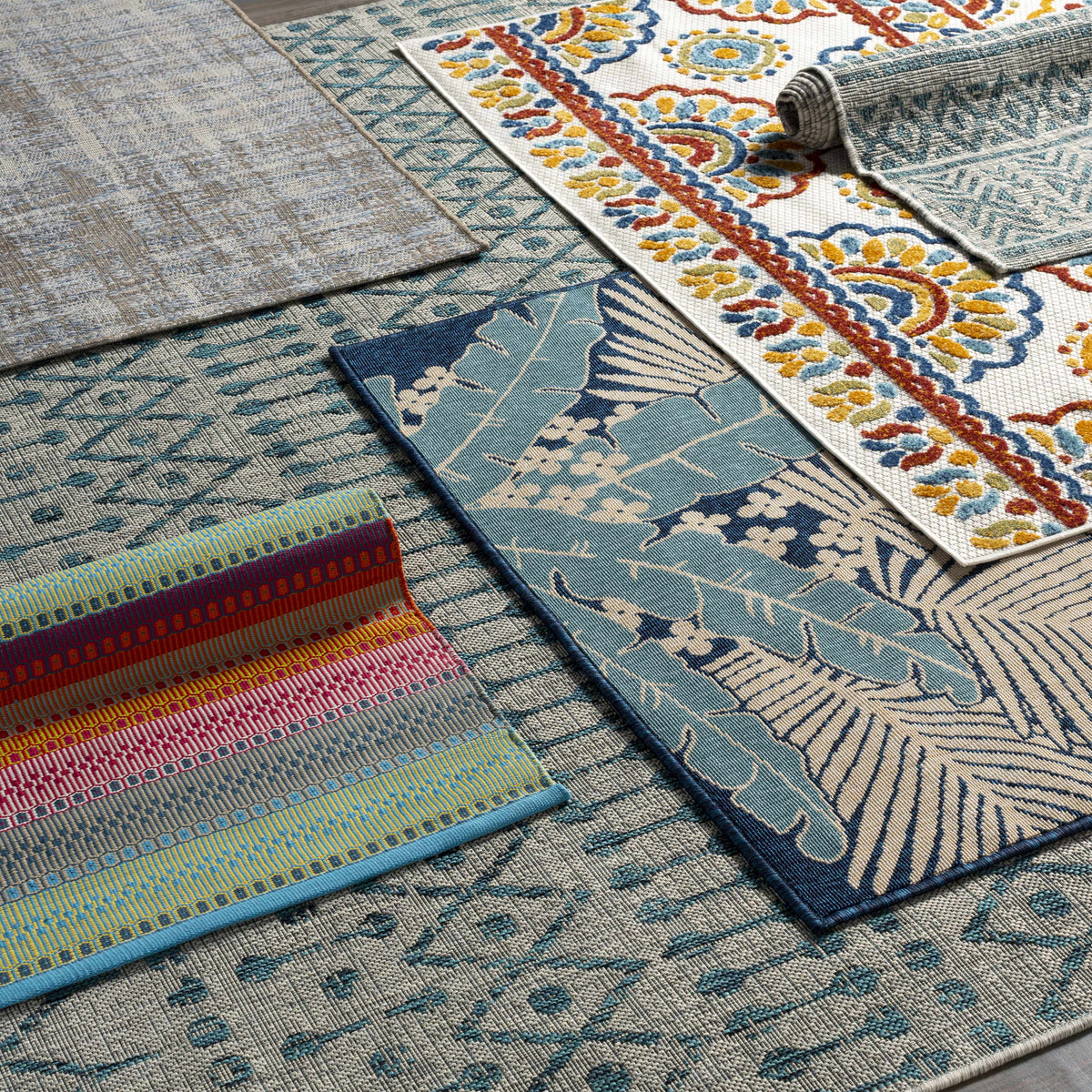 Novato Aqua All Over Pattern Performance Outdoor Rug