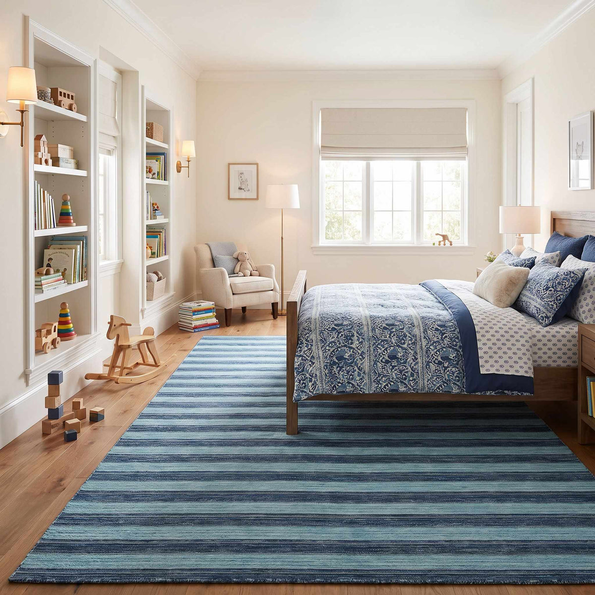 Frymet Blue Striped Washable Area Rug