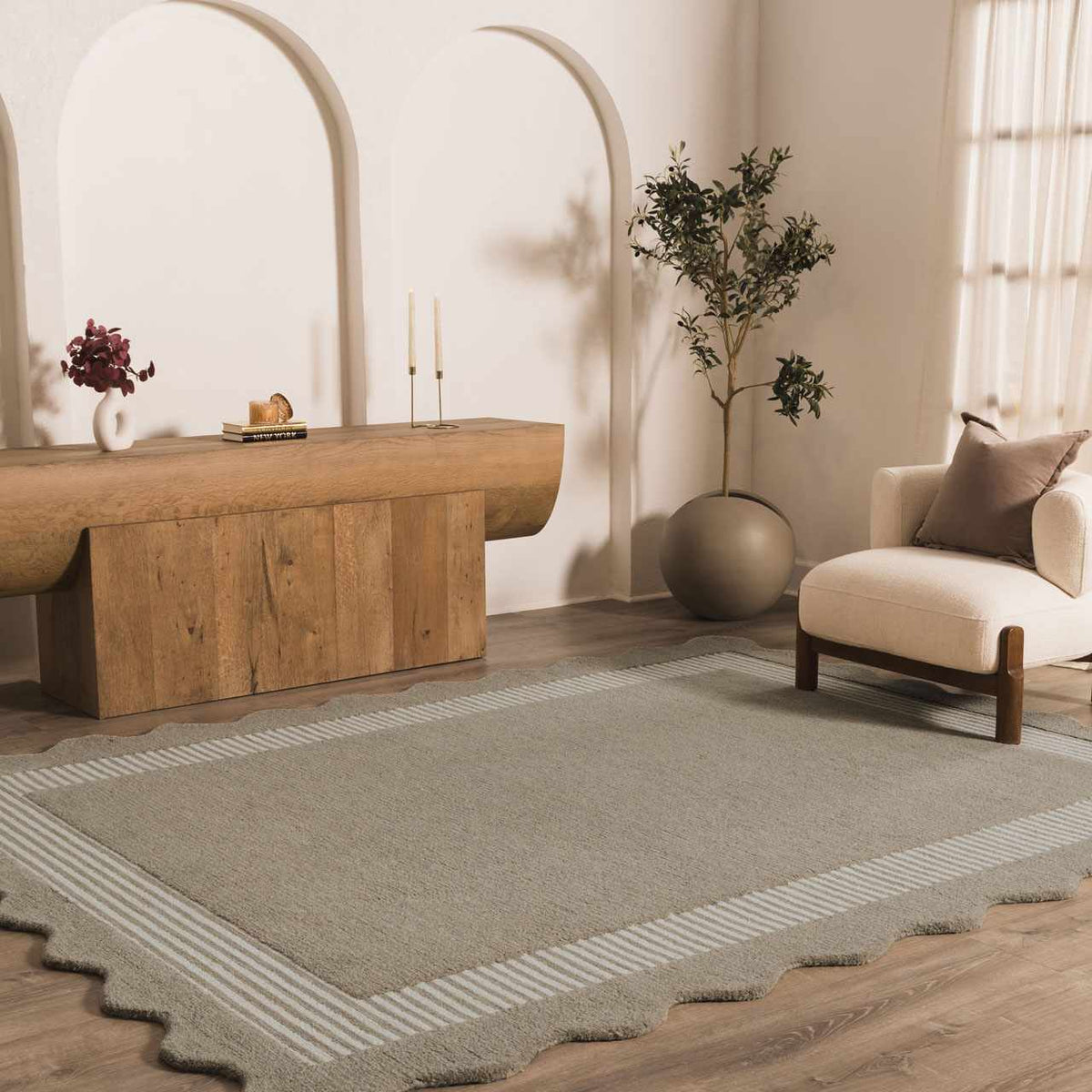 Fanae Beige Border Hand Tufted Wool Area Rug